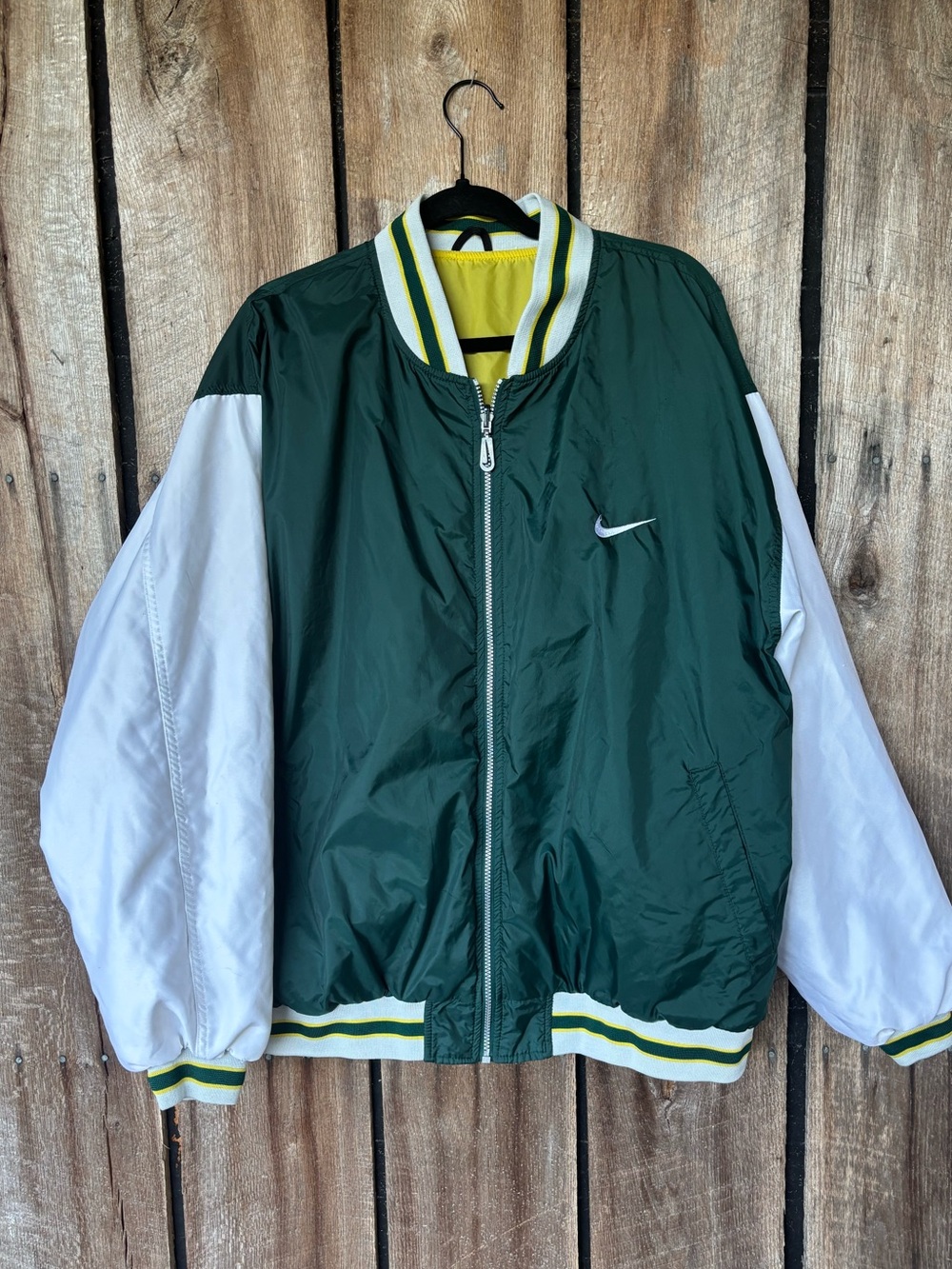 Nike Reversible Bomber Jacket XL Green White Yellow Big Logo Swoosh Retro 90s